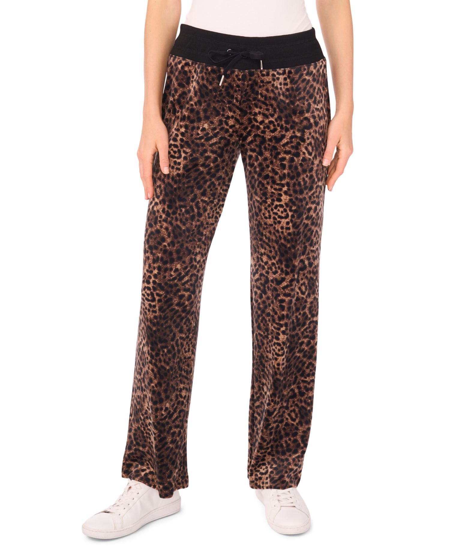 Women's Velour Animal-Print Drawstring-Waist Straight-Leg Pants