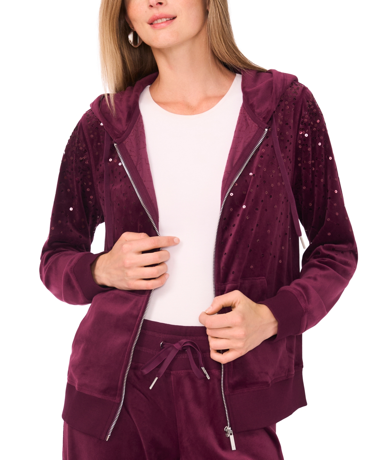 Vince Camuto Womens Velour Sequin Zip Front Hoodie Jacket Xs 3x In Purple