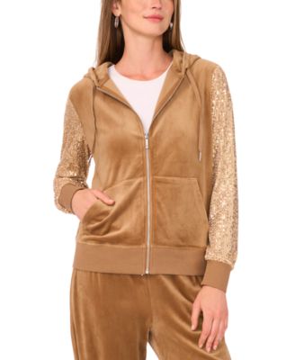 Women's Velour Sequin Long-Sleeve Zip-Front Hoodie Jacket