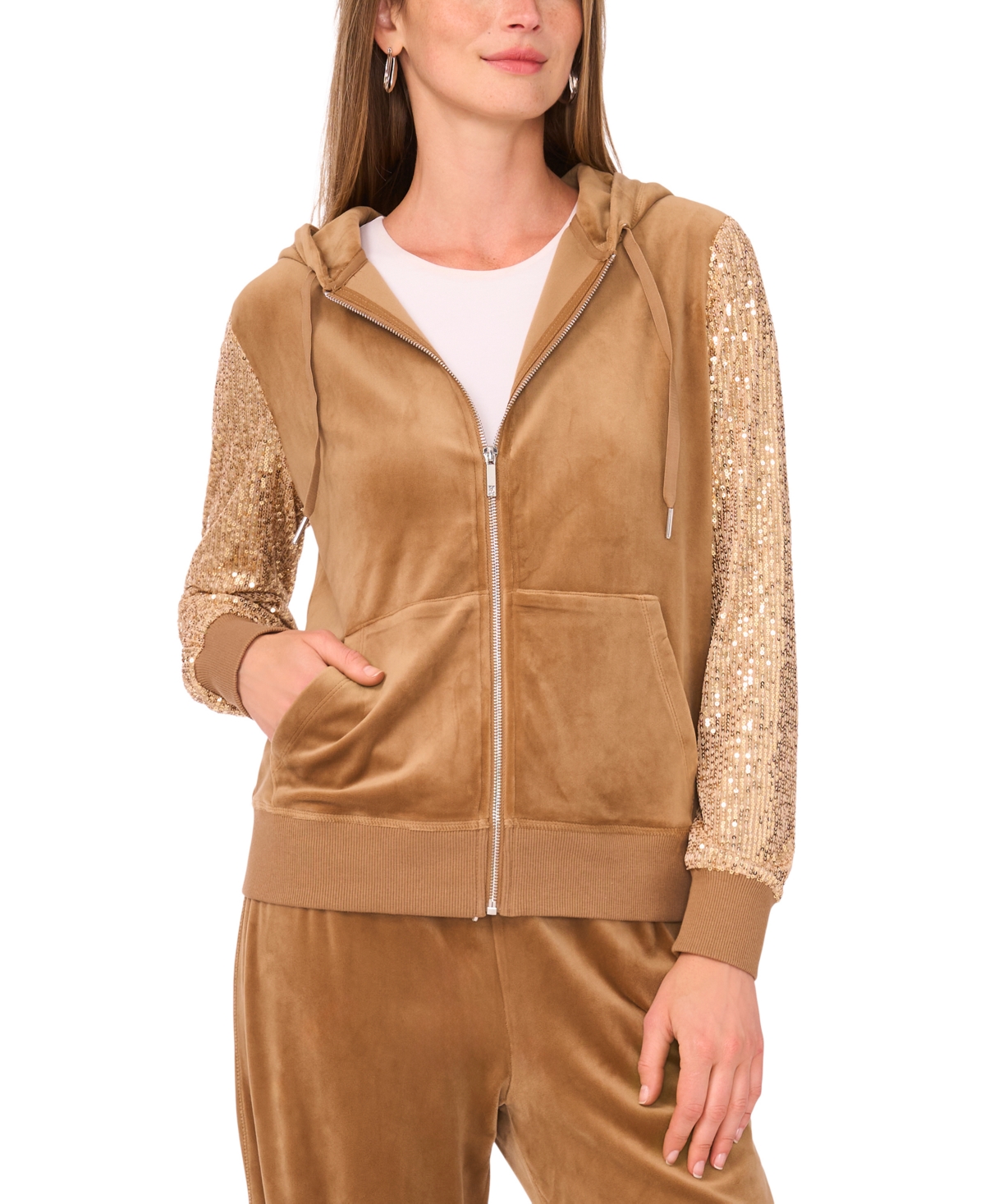Vince Camuto Sequin Sleeve Hoodie In Brown