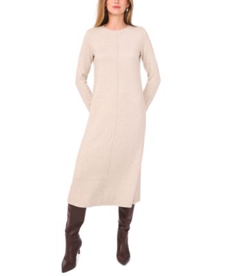 Women's Rib Trim Neck Long Sleeve Midi Dress