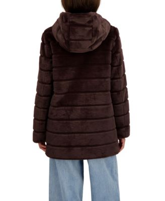 Women's Hooded Grooved Faux Fur Coat