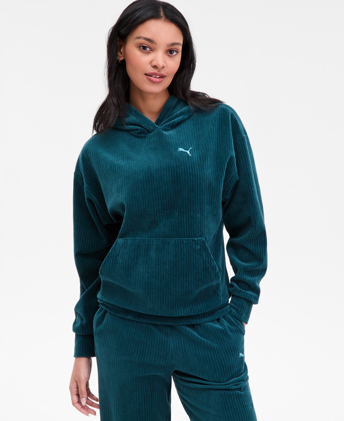Puma Women's Elevated Comfort Velour Long-sleeve Hoodie In Green