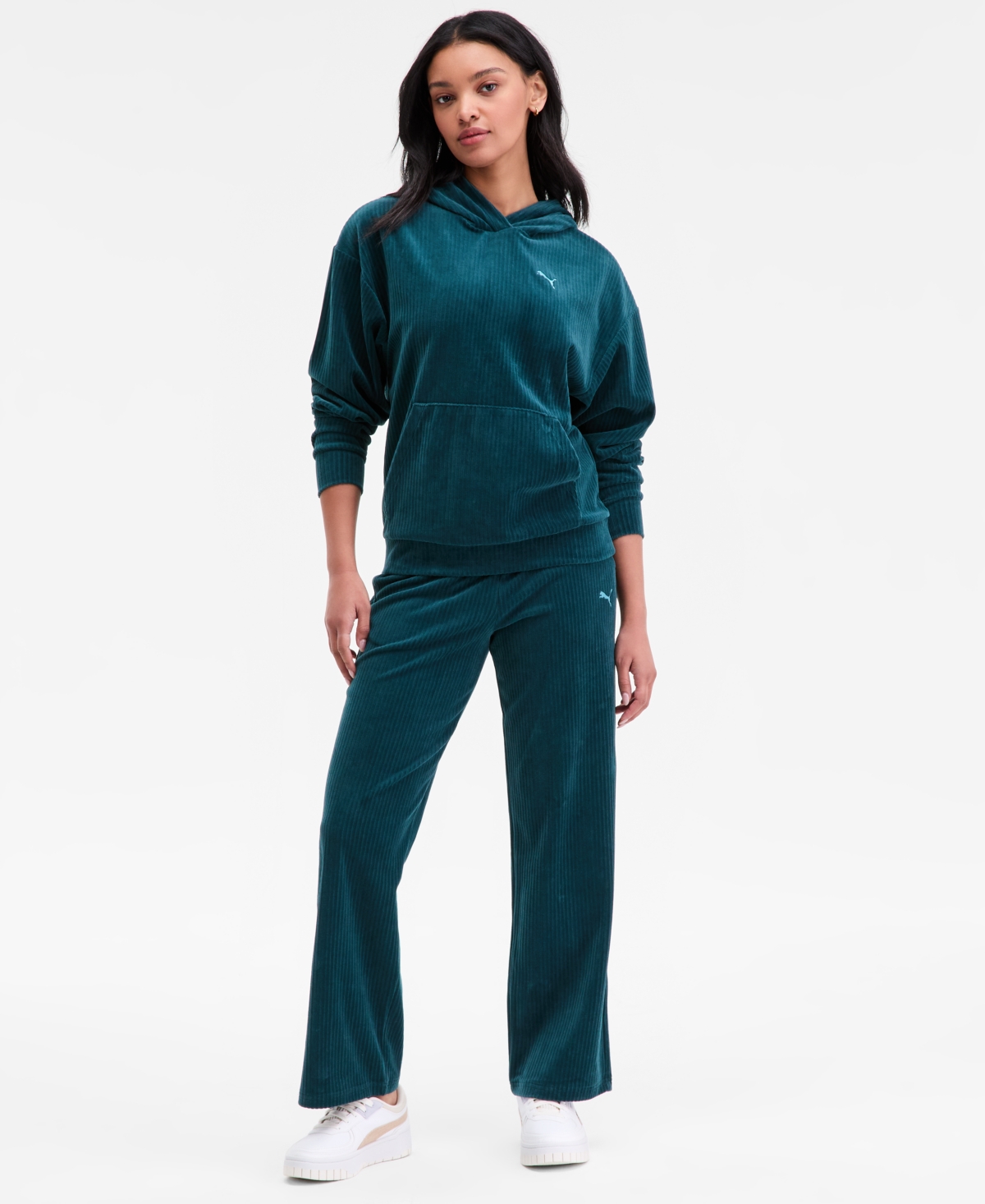 Puma Women's Elevated Velour Ribbed Straight Leg Pants In Green