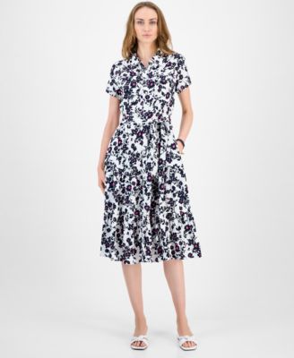 Tommy Hilfiger - Women's Floral Belted Tiered Shirtdress