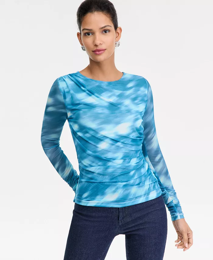 Women's Printed Long-Sleeve Draped Mesh Top