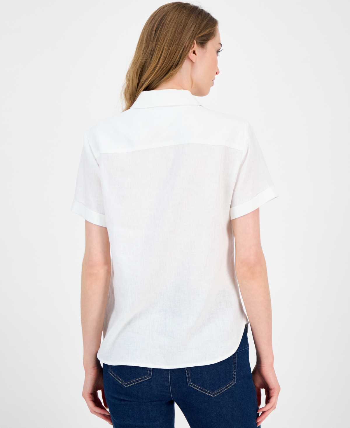 Tommy Hilfiger Women's Cuffed Short-sleeve Camp Shirt In White