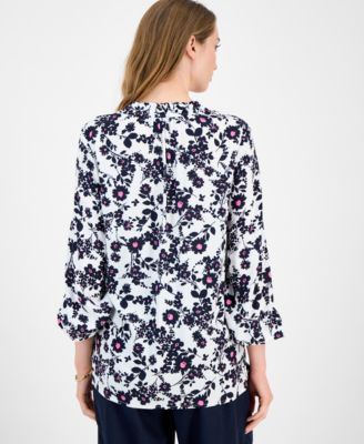 Women's Floral Tie-Neck Long-Sleeve Top