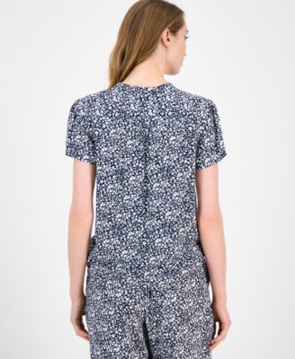 Women's Floral Lace-Up Short-Sleeve Blouse