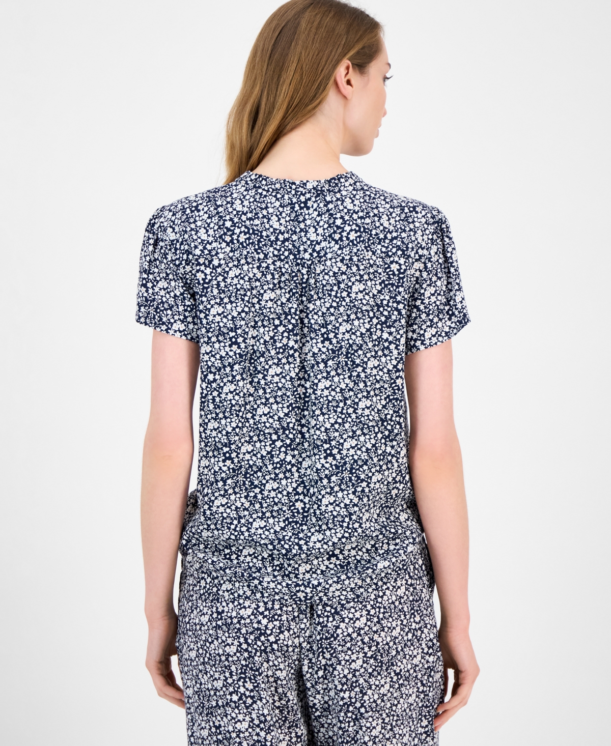 Tommy Hilfiger Women's Floral Lace-up Short-sleeve Blouse In Blue