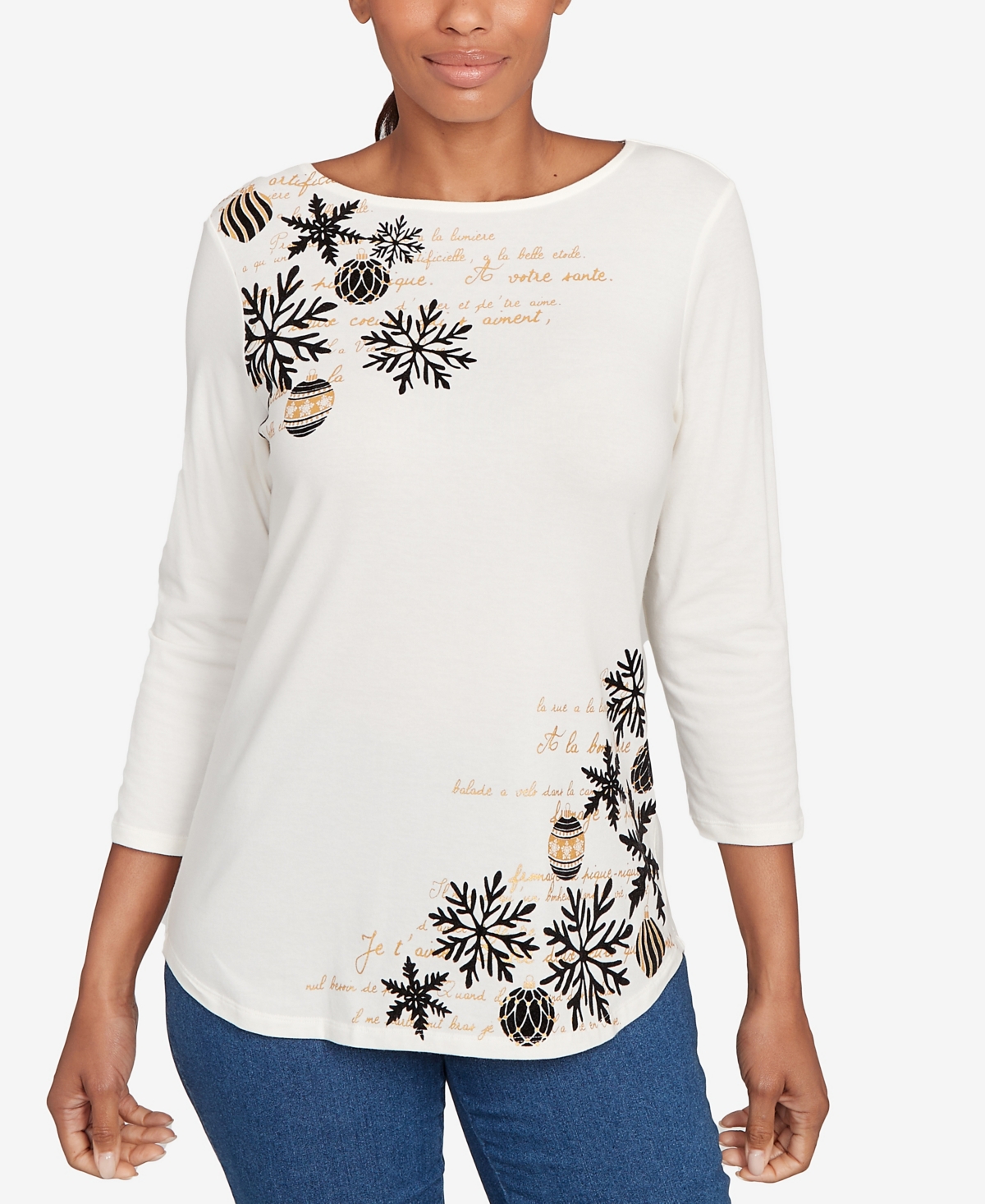 Ruby Rd. Petite Snowflake Script Knit Top In White