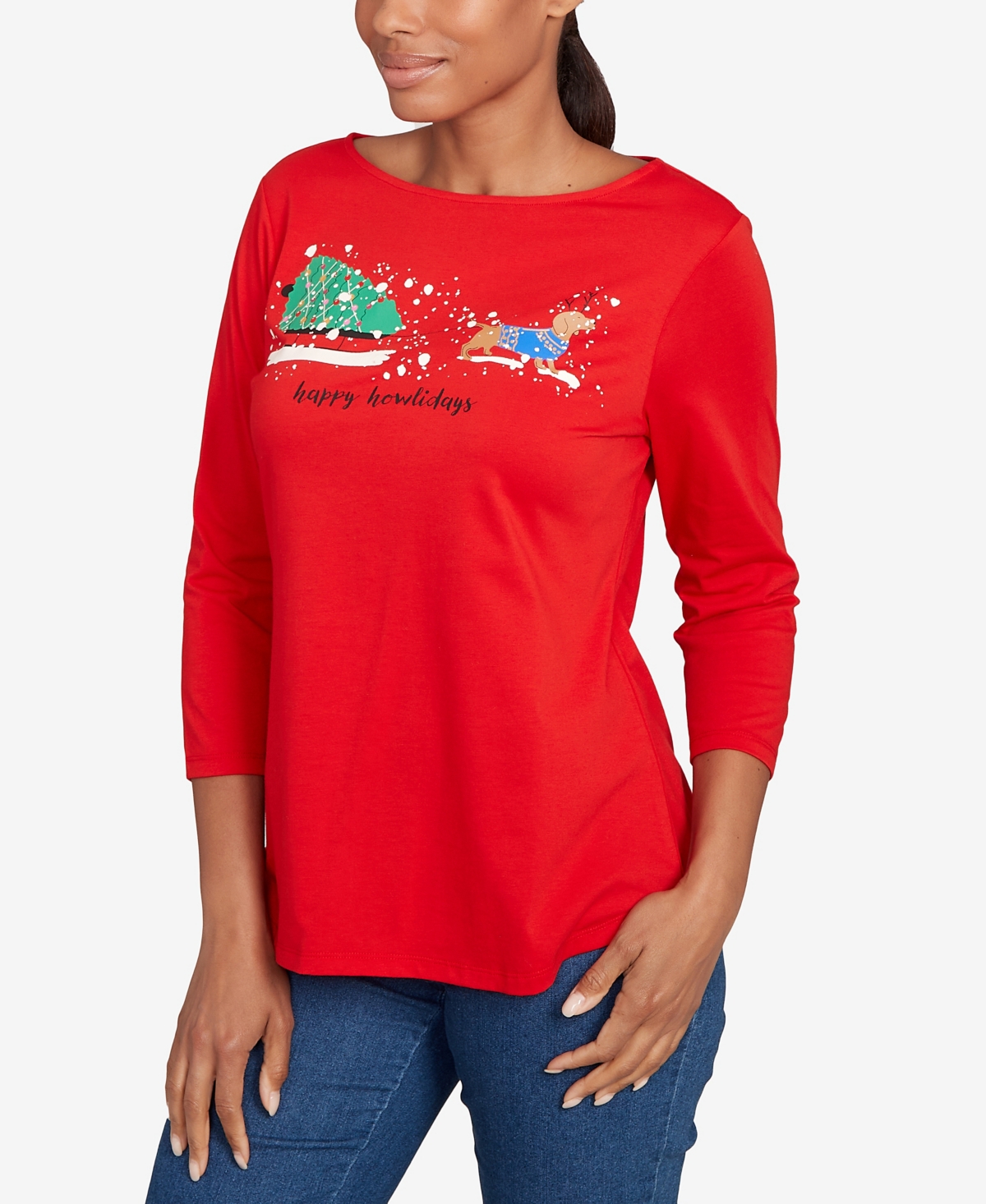 Ruby Rd. Petite Happy Howlidays Knit Top In Red