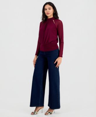Women's Long-Sleeve Mesh Cutout Top, Macy's Exclusive