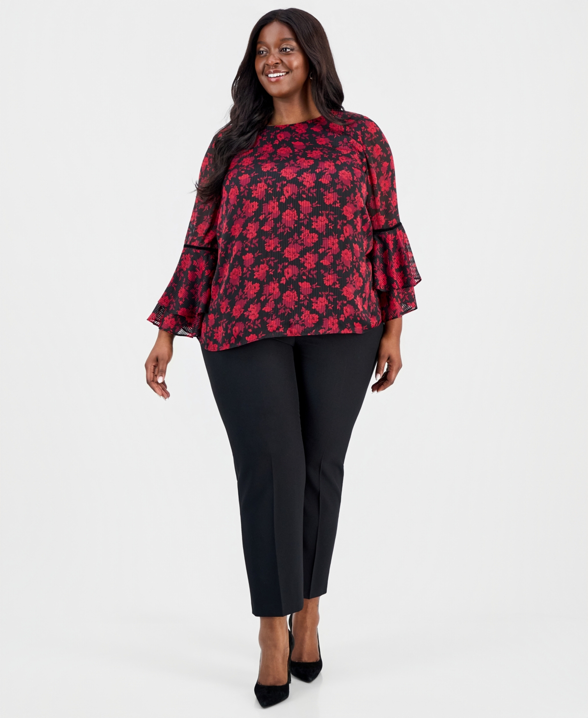 Kasper Plus Tiered Bell-Sleeve Top