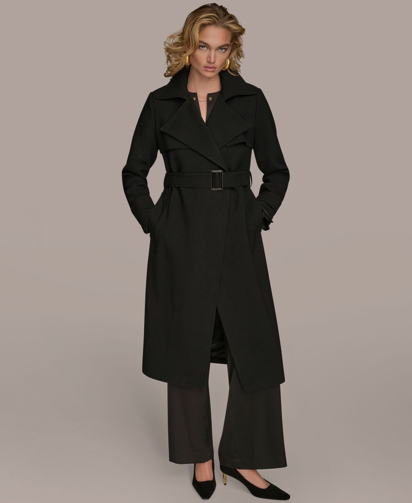 Женское пальто Donna Karan New York Belted Notched-Collar Trench, цвет: Чёрный — фото 1