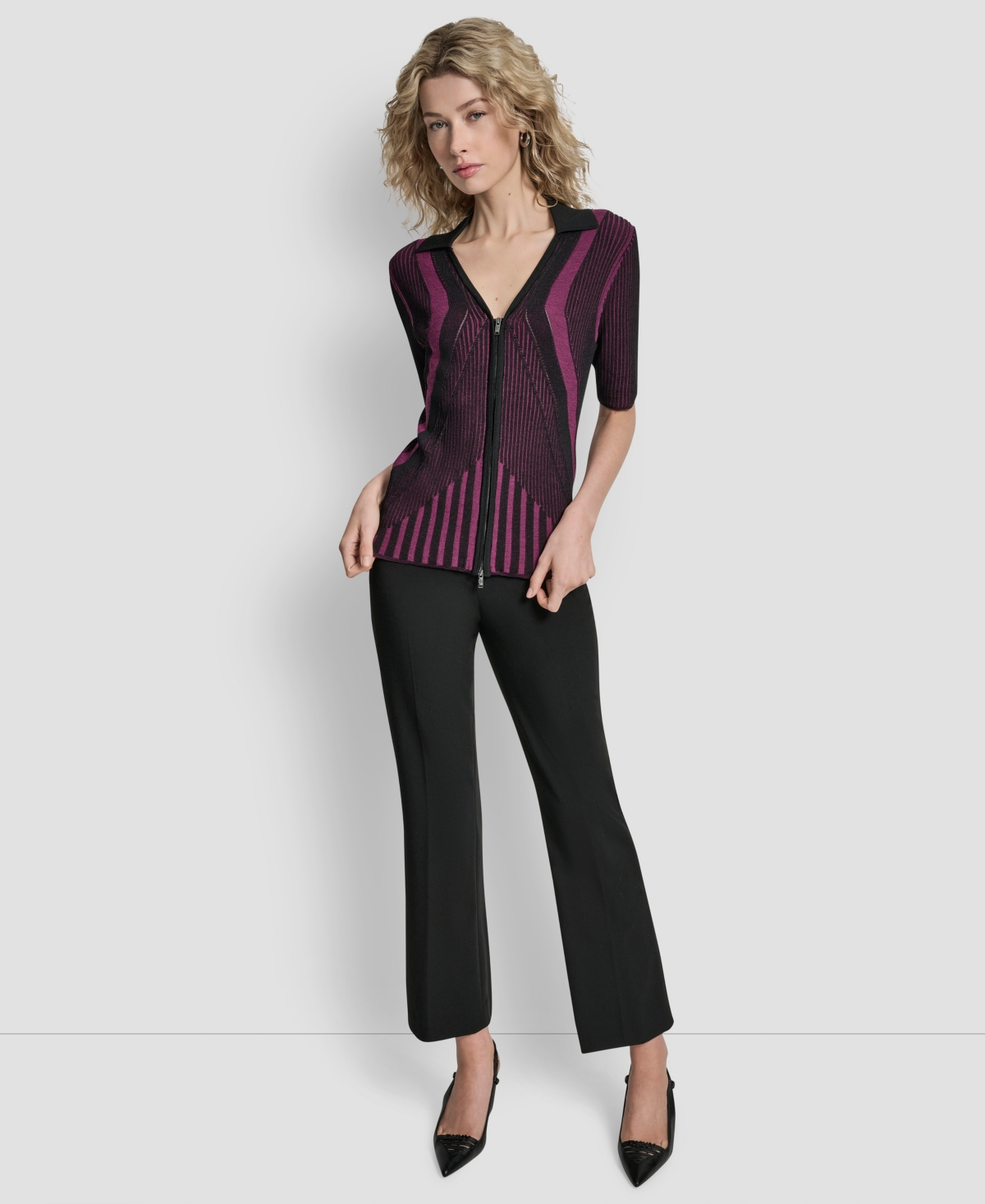 Dkny Women's Zip Up Short Sleeve Sweater In Purple