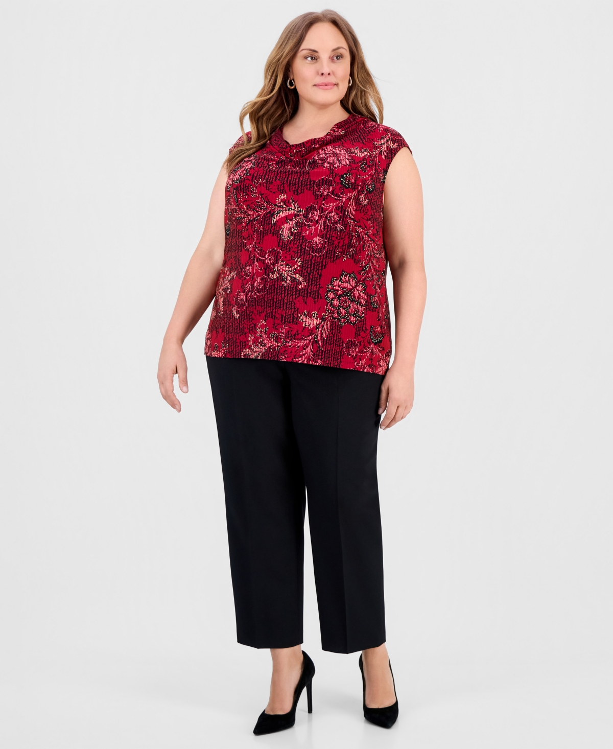 Kasper Plus Printed Sleeveless Cowl-Neck Top