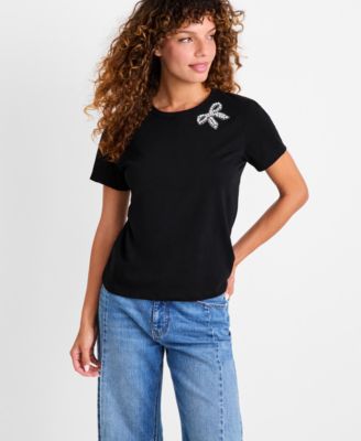 On 34th - Women's Knit Rhinestone Bow T-Shirt
