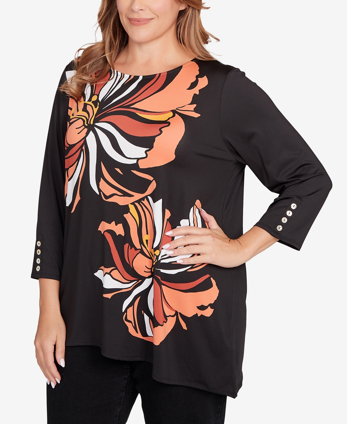 Ruby Rd. Plus Size Button Sleeve Bold Floral Top In Multi