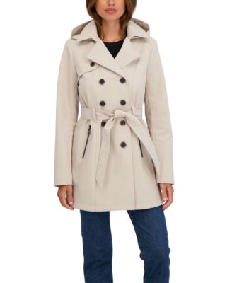 Women's Belted Double Breasted Soft Shell Trench Coat With Detachable Hood