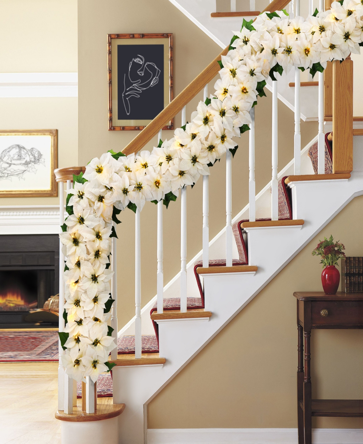 Puleo 12" Pre-lit Artificial Poinsettia Garland In White