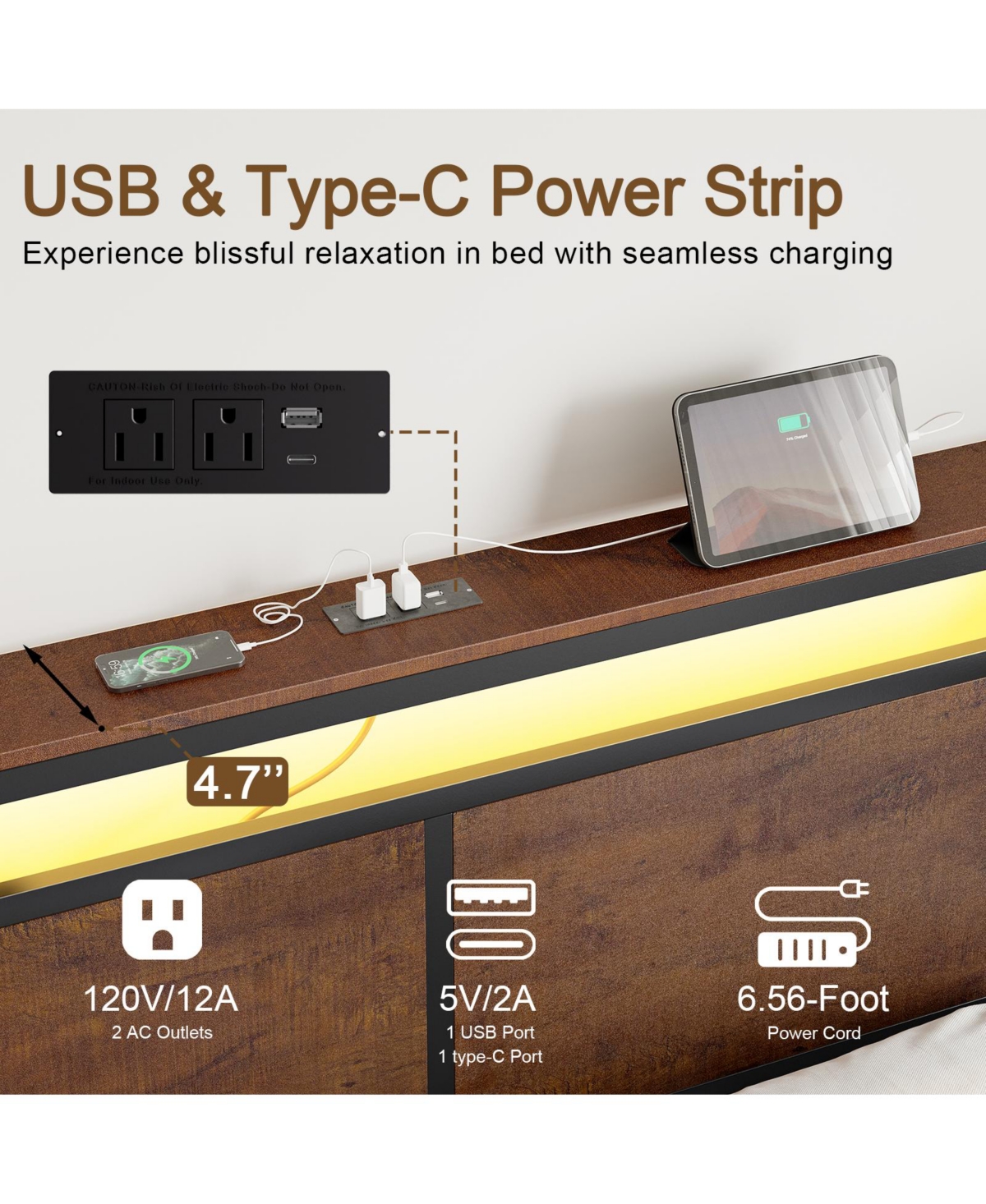 Hausource King Size Bed Frame with Led Storage Headboard & 4 Drawers & Charging Station Brown