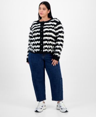 Trendy Plus Stripe Fringe-Knit Cardigan