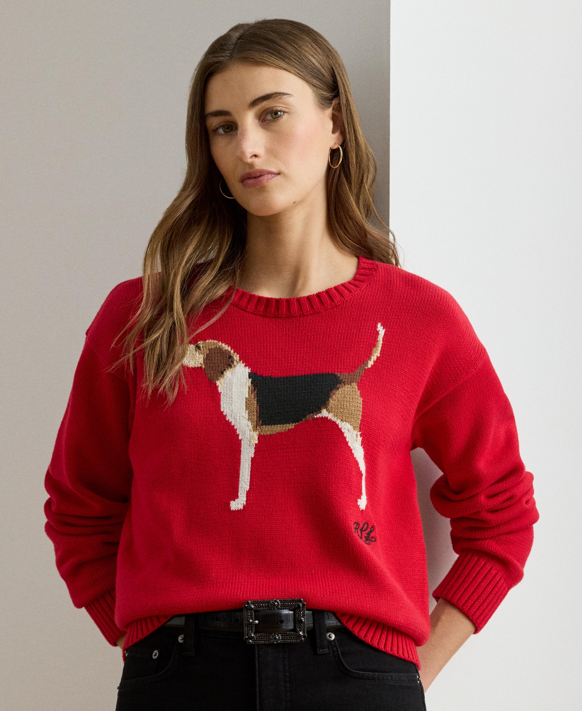 Ralph Lauren Intarsia-knit Foxhound Cotton Sweater In Red