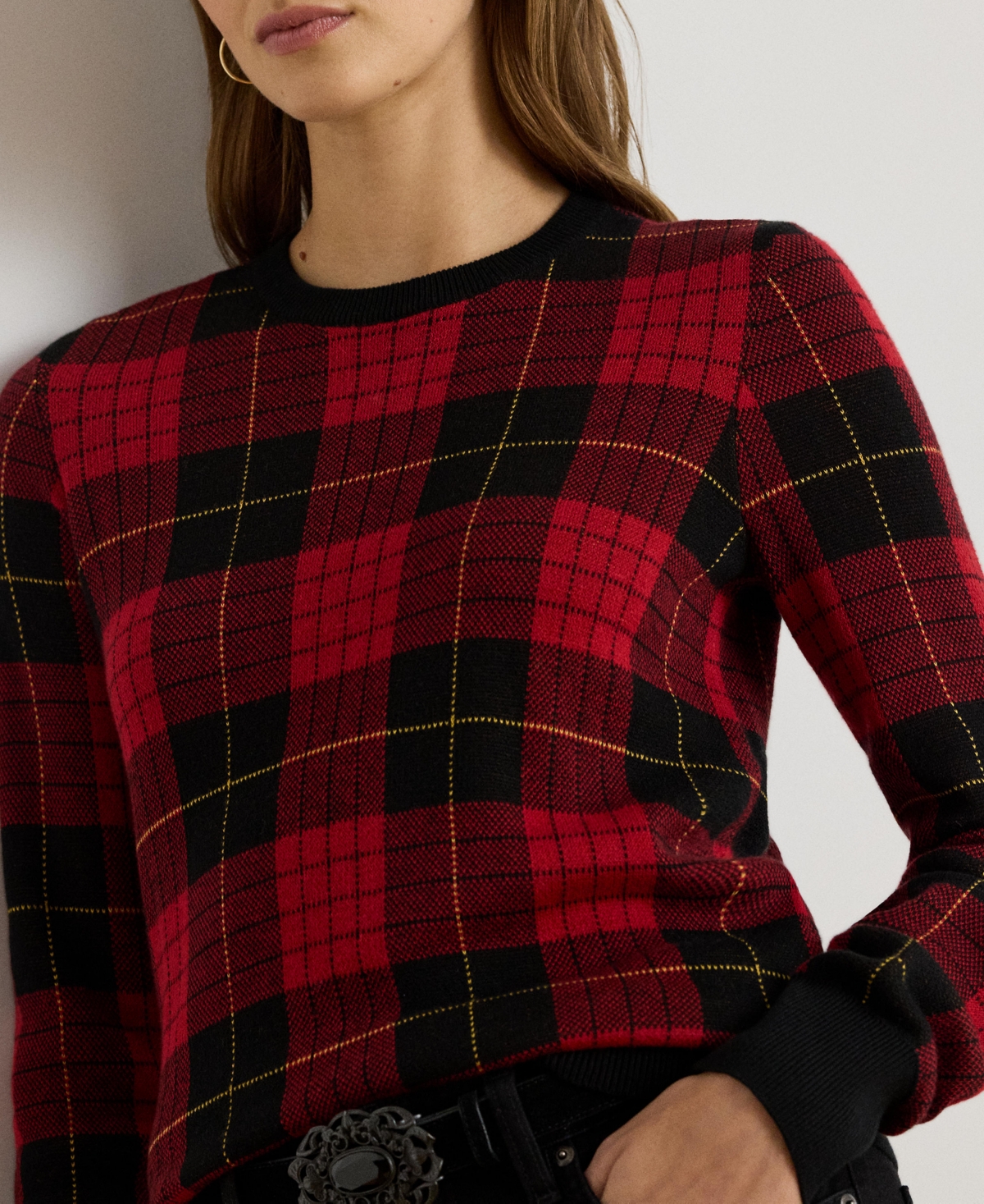Ralph Lauren Plaid Cotton-blend Sweater In Red