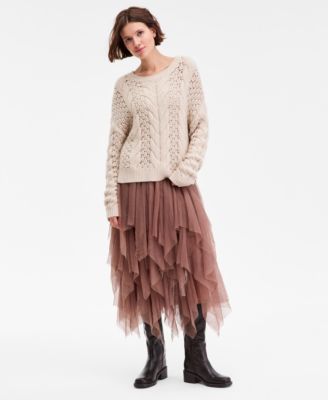 Women's Pointelle Cable Crew Neck Sweater