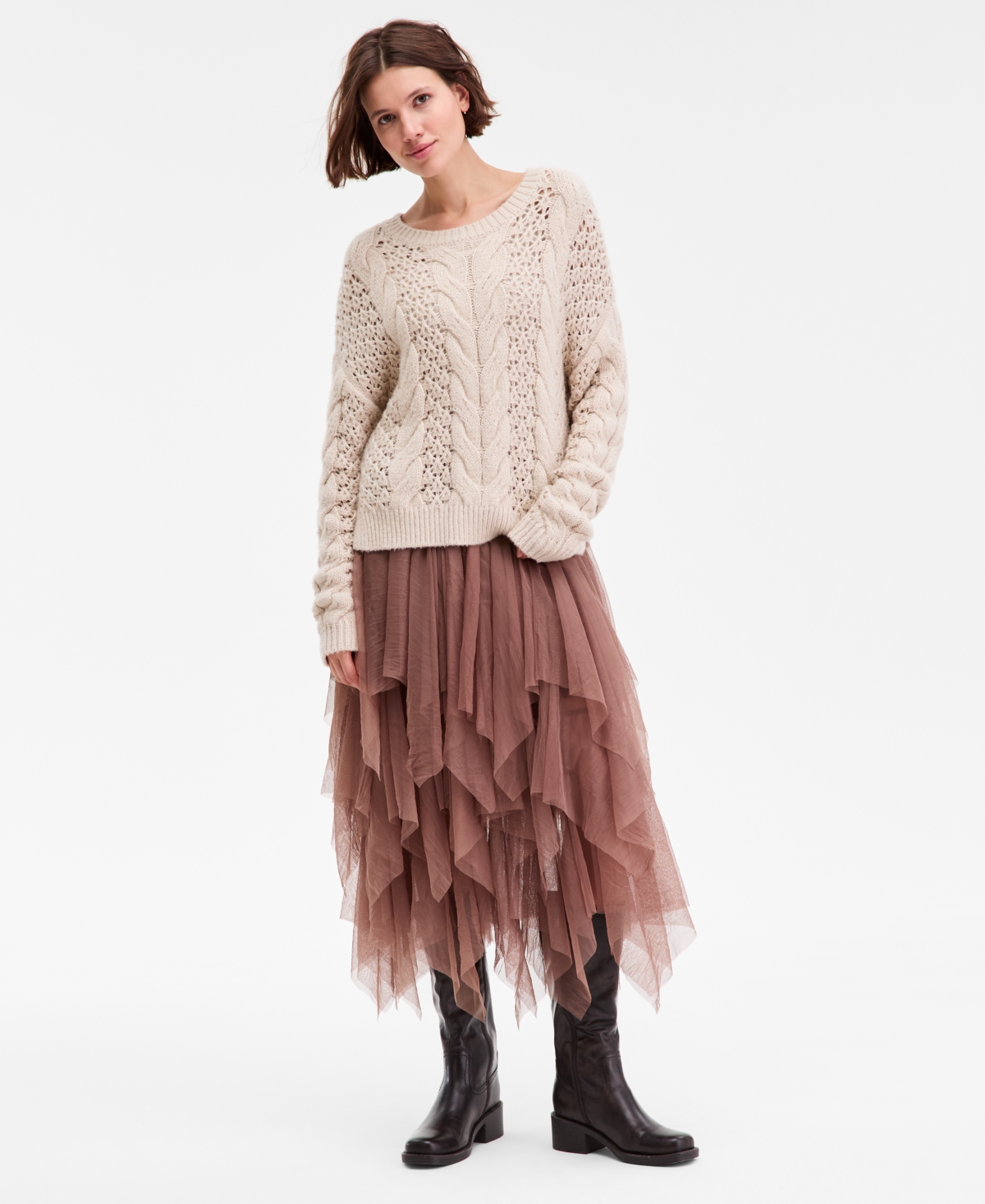 Lucky Brand Women's Pointelle Cable Crew Neck T-shirt In Neutral