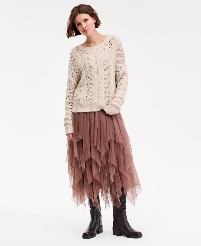 Women's Pointelle Cable Crew Neck Sweater - thumbnail 4
