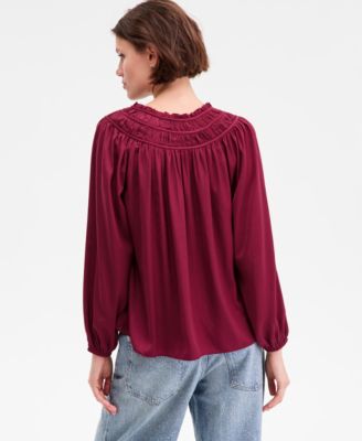 Women's Ruched Long-Sleeve Peasant Top