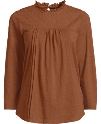 Women's 3/4 Sleeve Cotton Slub Lace Trim Top