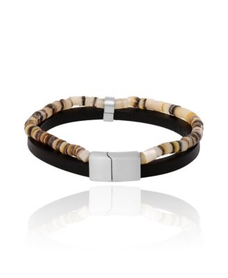 Mens Layered Bracelet with Wood Beads and Leather Strap - 8.5''