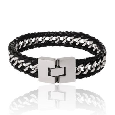 Braided Leather and Chain Overlay Bracelet - 8.5''