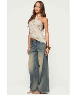 Womens Beaded Sequin Asymmetric Halter Top