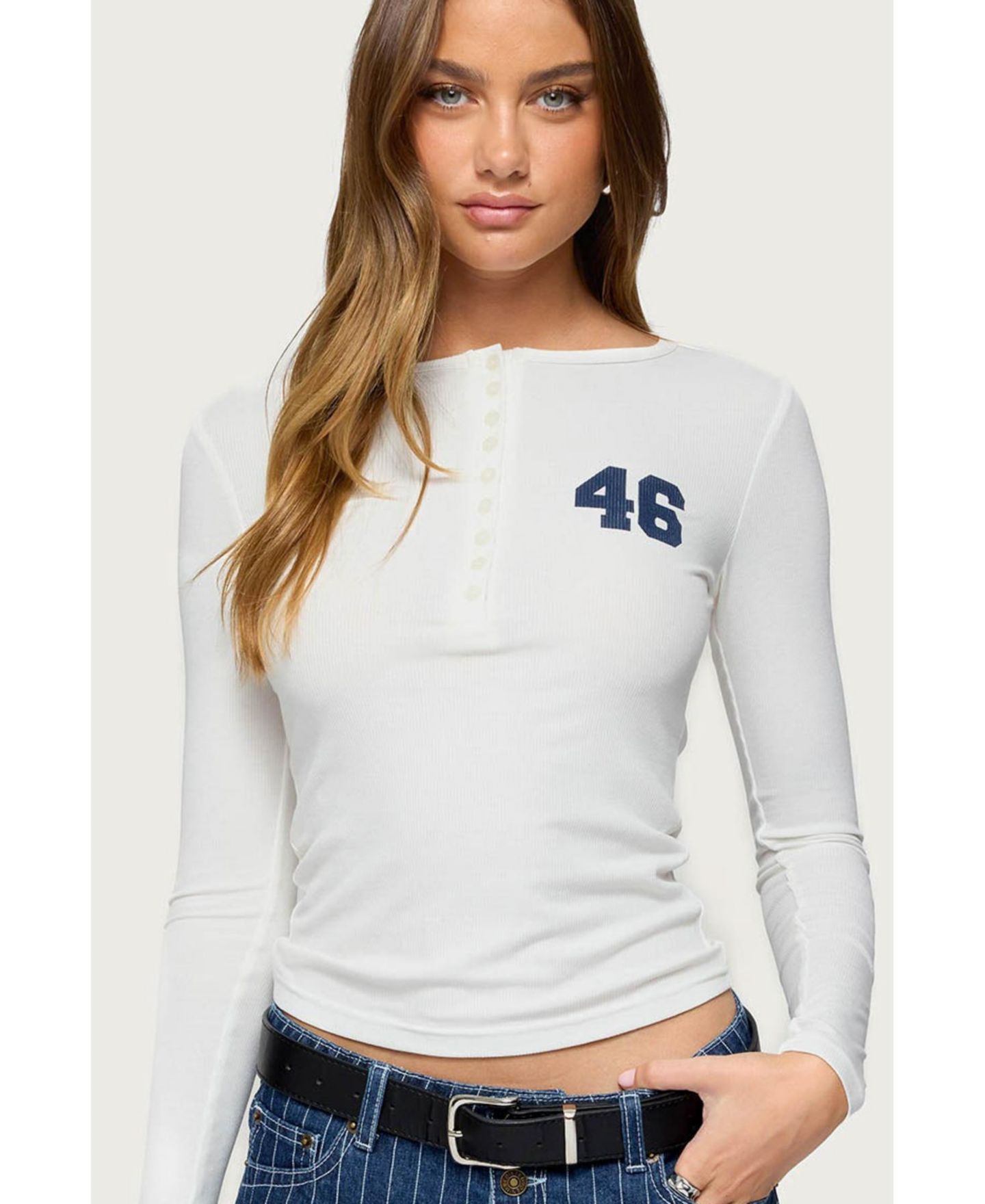 Женский топ Edikted 46 Ribbed Henley, цвет: Белый — фото 1