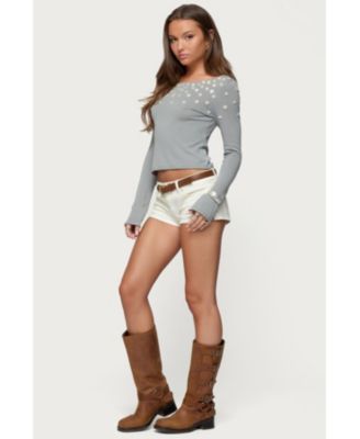 Womens Iridescent Button Boat Neck Top