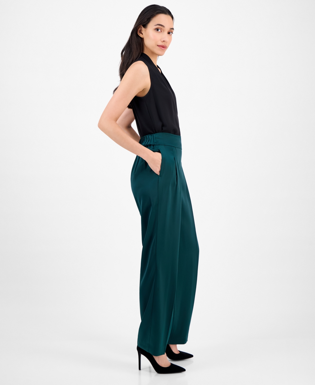 Anne Klein Petite Satin High-rise Wide-leg Pants In Green