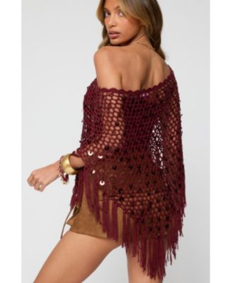 Women's Fringe Sequin Crochet Poncho