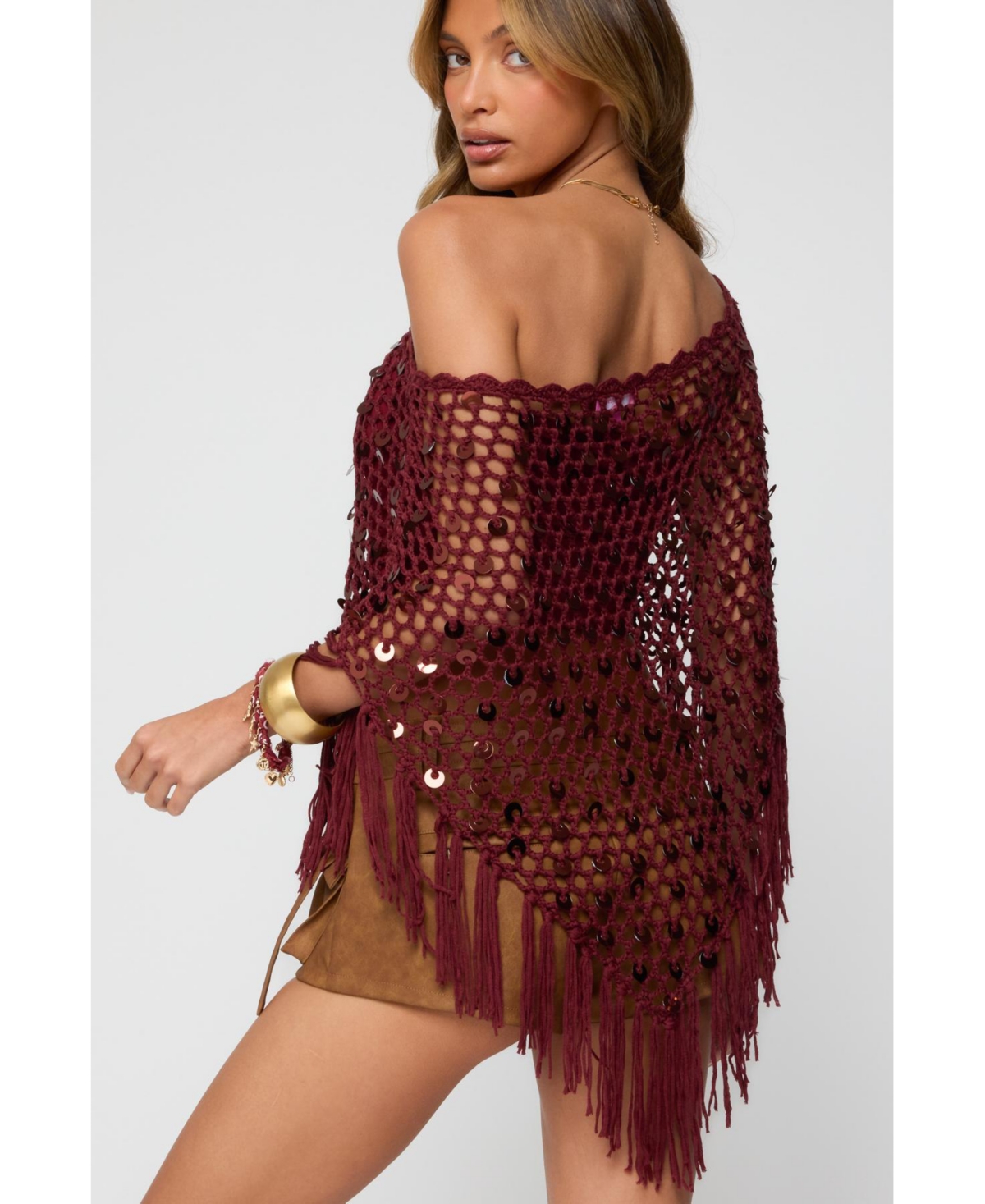 Edikted Women's Fringe Sequin Crochet Poncho