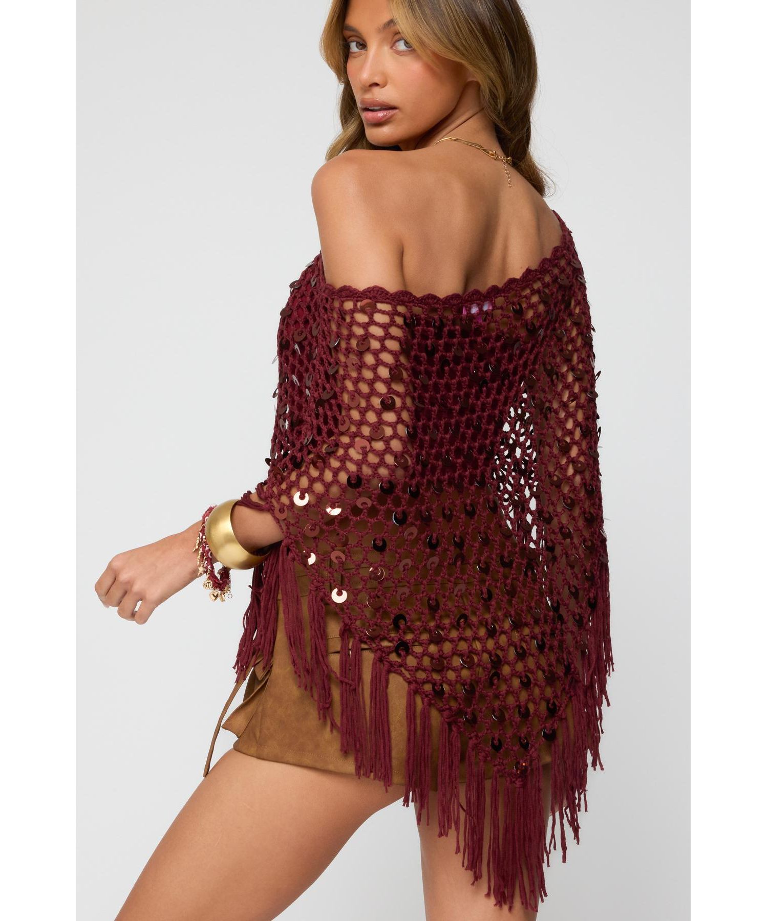 Women's Fringe Sequin Crochet Poncho