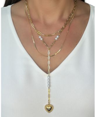 Layered Necklace Set with Pearl & Heart Drop Accents