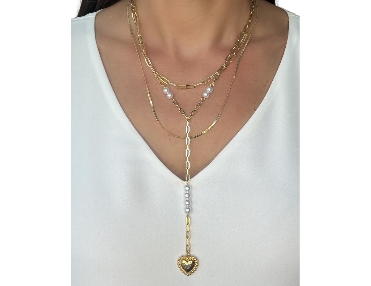 Layered Necklace Set with Pearl & Heart Drop Accents