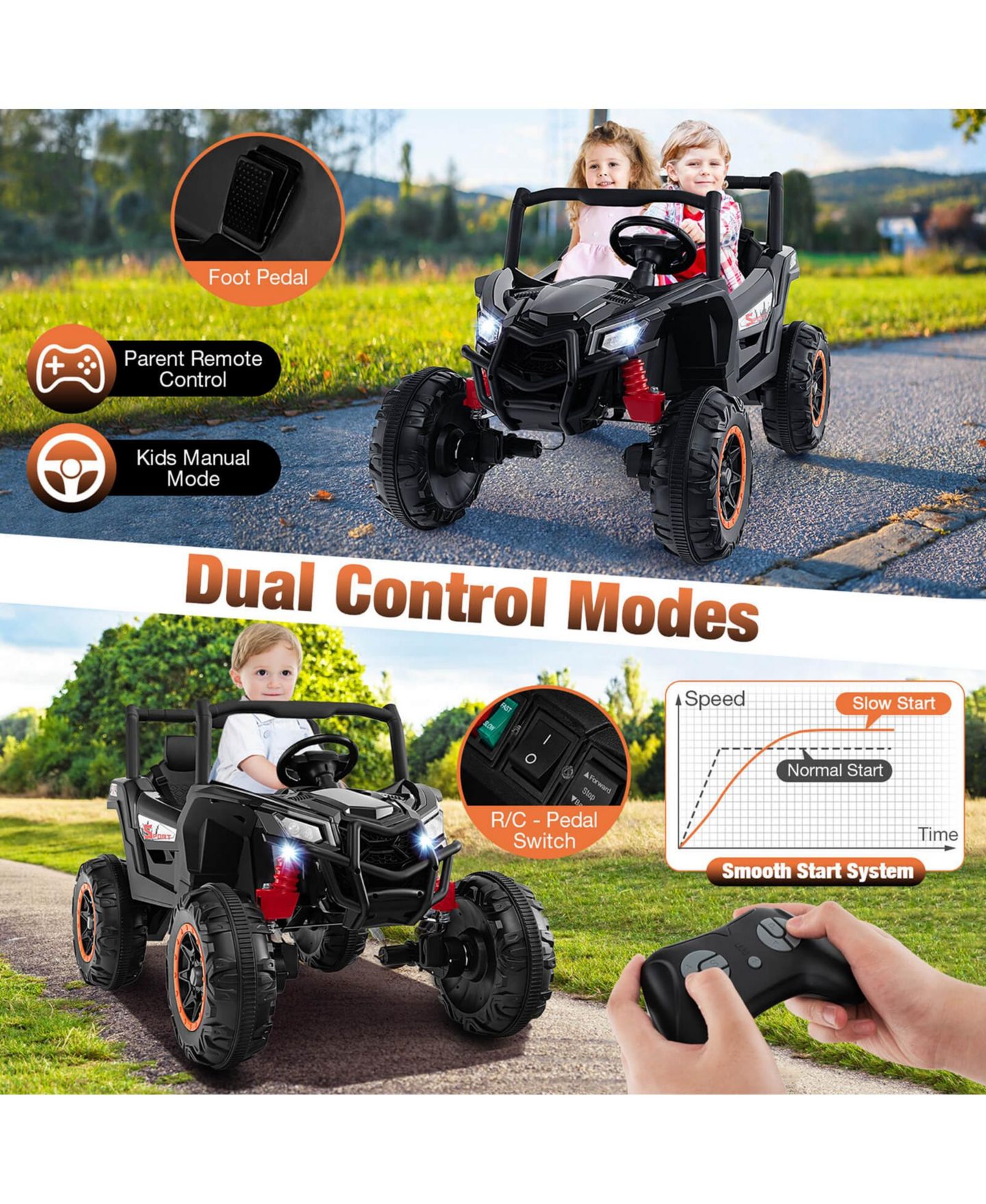 Детская игрушка Costway 24V Kids Ride-On UTV with Remote Control, от 3 лет, цвет: Чёрный — фото 9