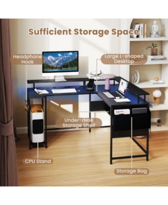 L-Shaped Gaming Desk w/ LED Lights & Power Outlets Monitor Stand Fabric Bag