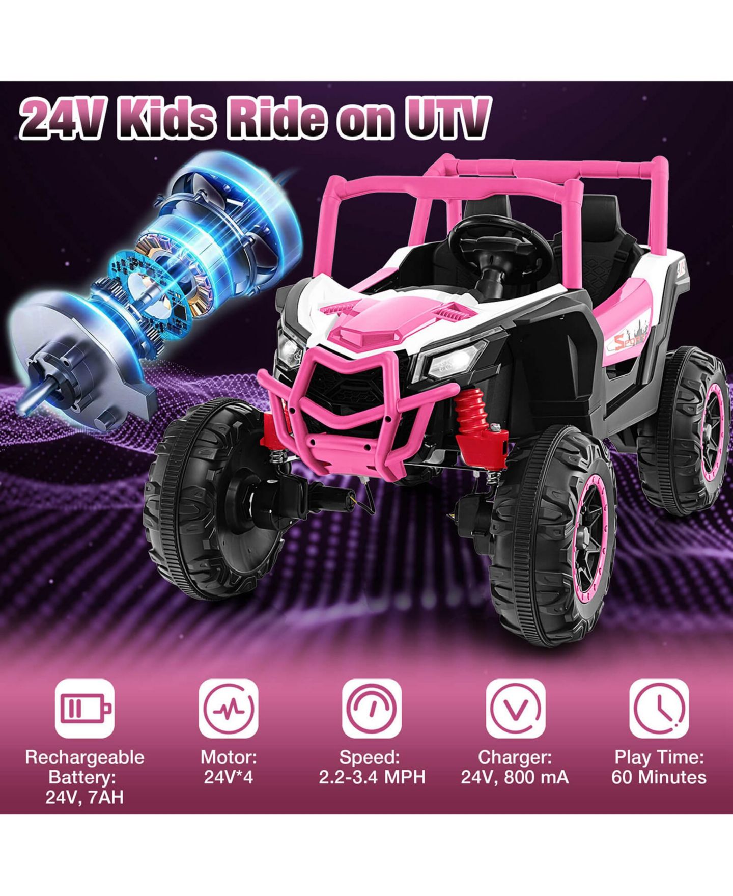 Детская игрушка Costway 24V 2-Seater Remote Control Ride-On UTV, от 3 лет, цвет: Розовый — фото 8