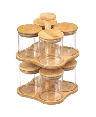 Minimalist Two-Tier Bamboo Lazy Susan Turntable with 8 Pcs 12 oz Airtight Lid Glass Jars, Versatile Spice Rack Organizer, Perfect for Kitchen Countertops, Dining Tables, and Pantry Cabinets