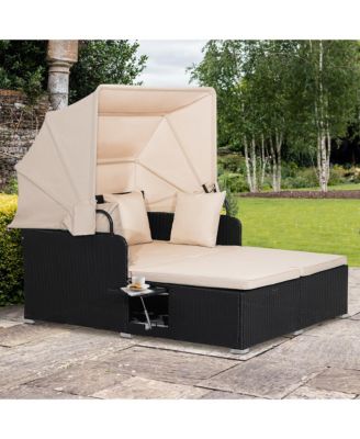 Patio Rattan Daybed Lounge Retractable Top Canopy Side Tables Cushions